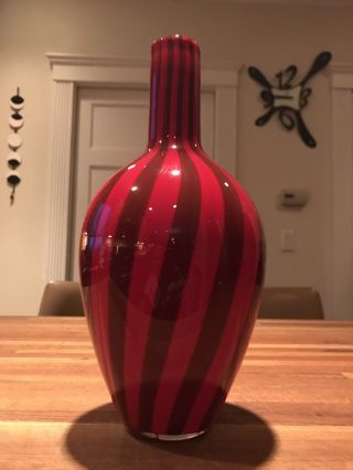 Deep Red With Gray Stripes Art Glass Vase 11 Inches Tall Perfect Piece