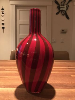 Deep red with gray stripes art glass vase 11 Inches Tall Perfect Piece 2