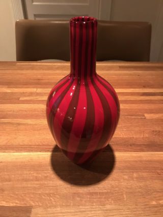 Deep red with gray stripes art glass vase 11 Inches Tall Perfect Piece 3