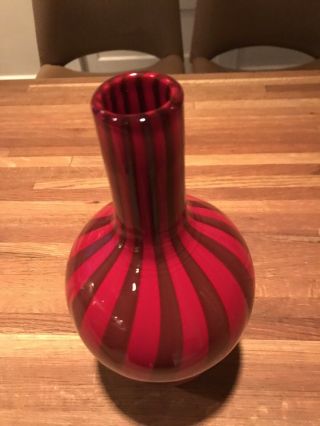 Deep red with gray stripes art glass vase 11 Inches Tall Perfect Piece 4