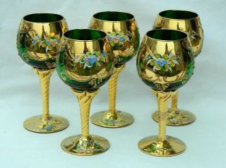 Italian Murano Venetian Green Art Glass Gold Gilt Twisted Stem Goblets 5