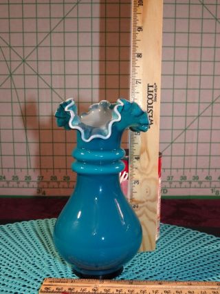 Vintage Fenton Art Glass Jamestown Blue Teal Overlay Ruffled Vase 7456
