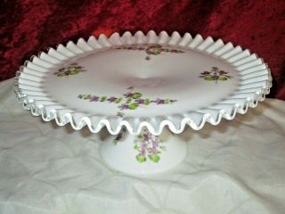 Rare Retired Fenton Hand Painted Violets In The Snow Pedestal Cake Plate 13 "