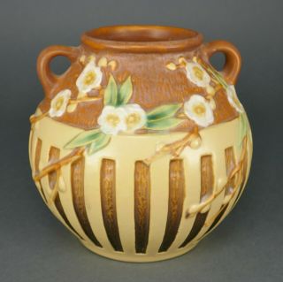 Fine Antique Art Nouveau Roseville Cherry Blossom Art Pottery Handled Vase