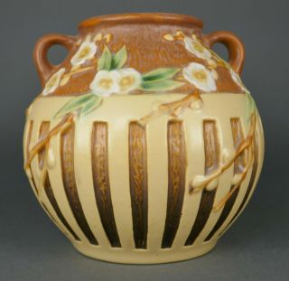 Fine Antique Art Nouveau Roseville Cherry Blossom Art Pottery Handled Vase 2