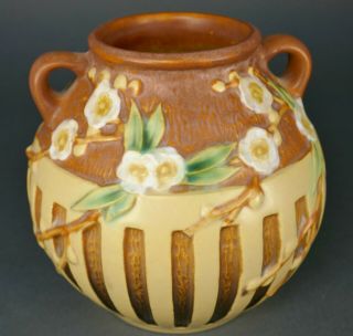 Fine Antique Art Nouveau Roseville Cherry Blossom Art Pottery Handled Vase 3
