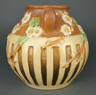 Fine Antique Art Nouveau Roseville Cherry Blossom Art Pottery Handled Vase 4