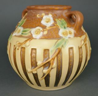 Fine Antique Art Nouveau Roseville Cherry Blossom Art Pottery Handled Vase 5