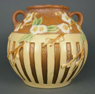 Fine Antique Art Nouveau Roseville Cherry Blossom Art Pottery Handled Vase 6