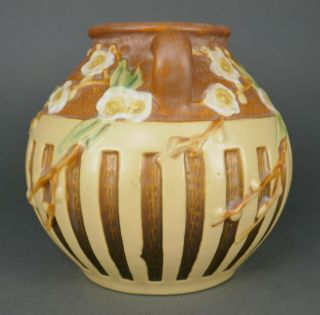 Fine Antique Art Nouveau Roseville Cherry Blossom Art Pottery Handled Vase 7