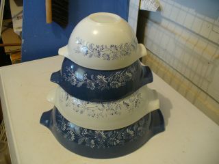 Vintage Set 4 Pyrex Colonial Mist Blue White Cinderella Mixing Nesting Bowls Usa