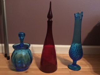 Blenko Decanter,  Fenton Glass Vase,  Mid Century Blenko Jar