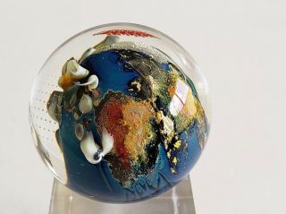 1994 Josh Simpson Signed Inhabited Planet Art Glass Paperweight & Stand