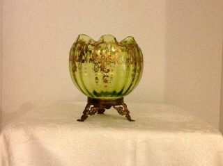 Antique Moser Bohemian Ribbed Green Glass Hand Painted Rose Bowl