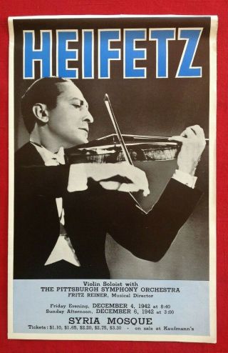 12/4/1942 Heifetz Fritz Reiner Syria Mosque Pittsburgh Handbill Flyer