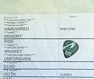 Metallica - Rare Setlist & Guitar Pick From Worldwired Tour Slane 08/06/19