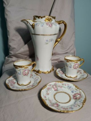 Antique Limoges J.  P.  L.  France Coffee Tea Pot,  Cups,  Saucers Flowers & Gold