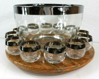 Vintage Dorothy Thorpe Silver Rim Roly Poly Punch Bowl With 12 Glasses Mad Men