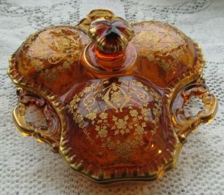 Cambridge Glass 1934 - 1950 Diane Pat Amber Gold Encrusted 3 - Part Relish Dish Rare