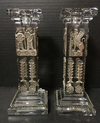 Crystal Candle Holders With Applied Ancient Middle Eastern/assyrian? Metal Trim