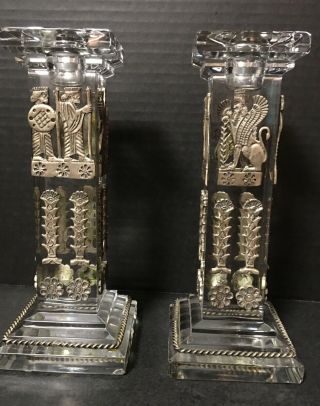 Crystal Candle Holders with Applied Ancient Middle Eastern/Assyrian? Metal Trim 3