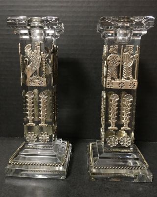 Crystal Candle Holders with Applied Ancient Middle Eastern/Assyrian? Metal Trim 4