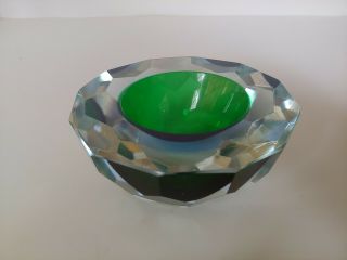 Murano Sommerso Mandruzzato Faceted Cased Green Glass Geode Bowl Poli Seguso MCM 5