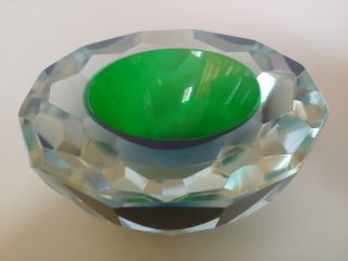 Murano Sommerso Mandruzzato Faceted Cased Green Glass Geode Bowl Poli Seguso MCM 6