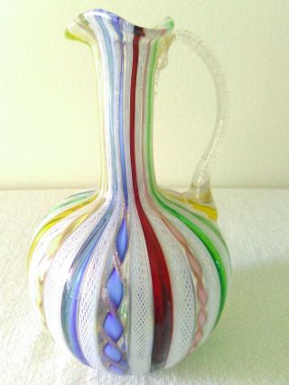 Vintage Latticino Murano Art Glass Multi - Color W/ Gold Flecks Pitcher 6 " Itlay
