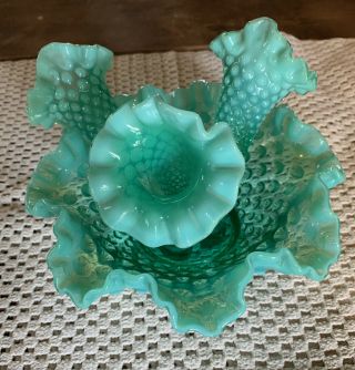 Vintage Emerald Green Fenton Hobnail Glass Art Flower Horn Vase/bowl Epergne Nr