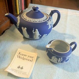 Antique Wedgwood England Dark Blue Jasperware Teapot & Creamer (pre - Owned)