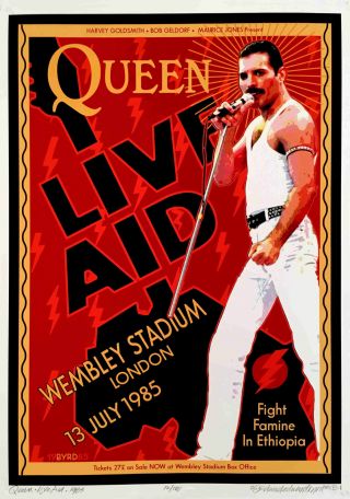 Queen Poster Live Aid Wembley 1985 Tribute Hand - Signed David Byrd S/n/coa