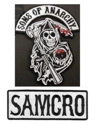 2 SONS OF ANARCHY PATCHES GRIM REAPER & SAMCRO BIKER ROADGEAR - IRON OR SEW ON 3