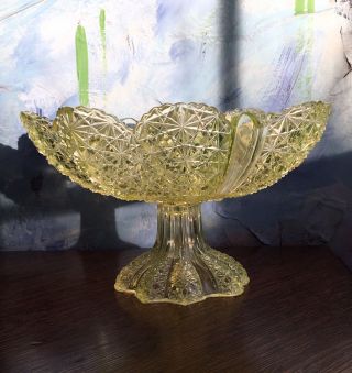 Vintage Daisy & Button Vaseline Green Uranium Glass Pedestal Bowl Compote