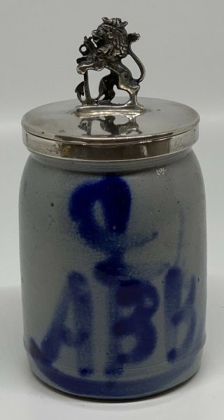 Antique Stoneware Cobalt Blue Design Miniature Crock Sterling Lid - Lion