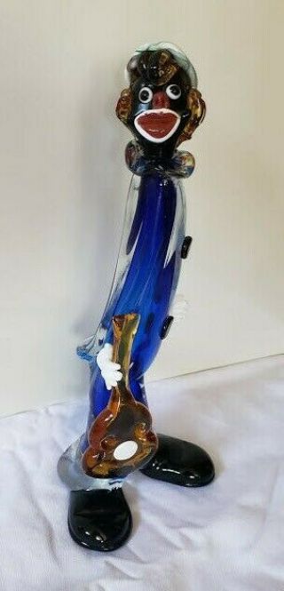 Vintage Murano Glass Clown With Guitar - Tall 14 " Rare Black Face Venetian Italy