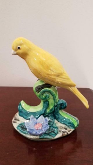 Vintage Signed Stangl Pottery Yellow Left Facing Canary Bird w/Blue Flower 3747 2