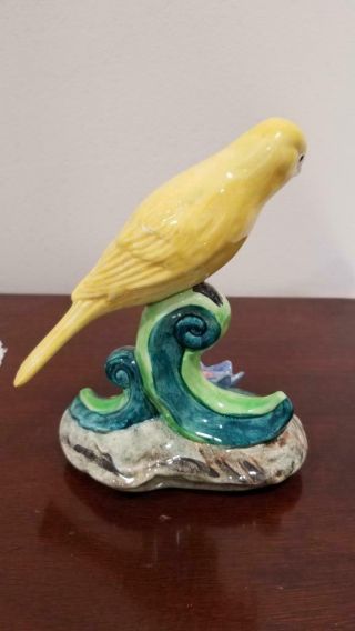 Vintage Signed Stangl Pottery Yellow Left Facing Canary Bird w/Blue Flower 3747 4