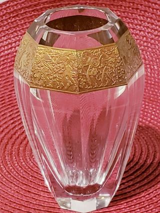 Vintage Moser Glass Crystal 4.  5 " Bud Vase Gold Gilded Amazon Warriors Signed