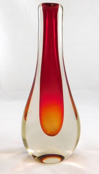 Clear Glass Red Orange Tear Drop Crystal Vase Unsigned Modernist Minimalist