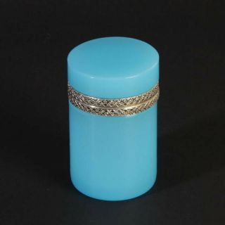 French Opaline Glass Box Blue Silver Metal Cylindrical Fine Shape Opalglas Dose