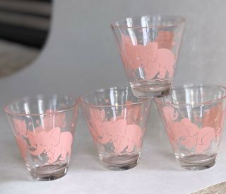 Vintage Hazel Atlas Dancing Pink Elephants Barware Set Mcm Triple Shot Glasses 4
