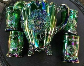 Emerald Green Carnival Glass Dahlia Pattern Pitcher & 4 Tumblers - Mosser Usa