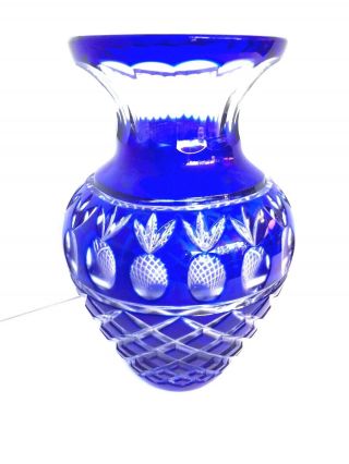 Vintage 9.  5 " Bohemian Czech Cobalt Blue Cut To Clear Crystal Vase Pineapples