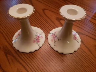 W S George Peach Blossom Candlestick Holders