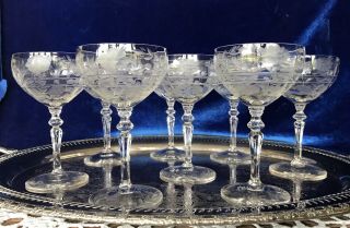 Antique - SET OF 8 ETCHED CUT CRYSTAL CHAMPAGNE - GLASSES 4