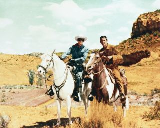 The Lone Ranger Clayton Moore Jay Silverheels Riding Hills Outcrop 8x10 Photo