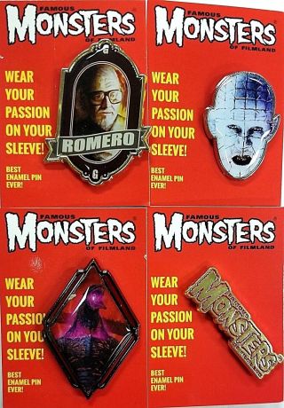 Famous Monsters Enamel Pin 4 Pack Pinhead Godzilla George A Romero Logo Bundle