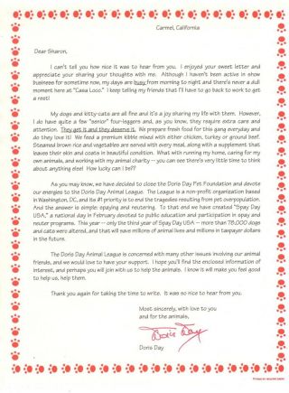 Doris Day Autographed Signed Personal Typed Letter