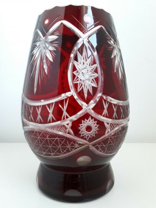 Vintage Bohemian Dark Red Ruby Crystal Cut To Clear Glass Vase 70s Czech Europe